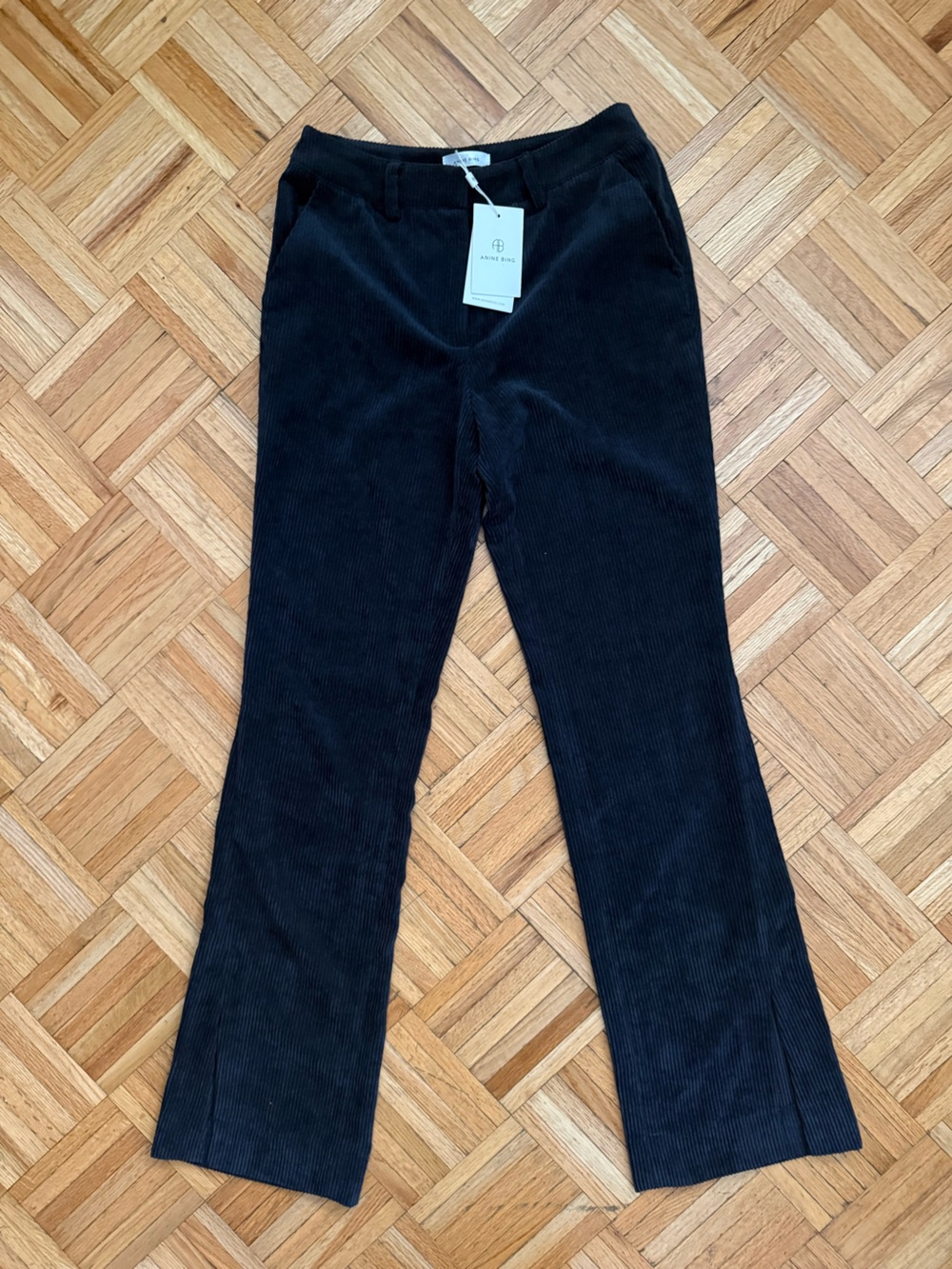 Anine Bing Navy Low Waisted, Slit Hem Flare Corduroy Pants